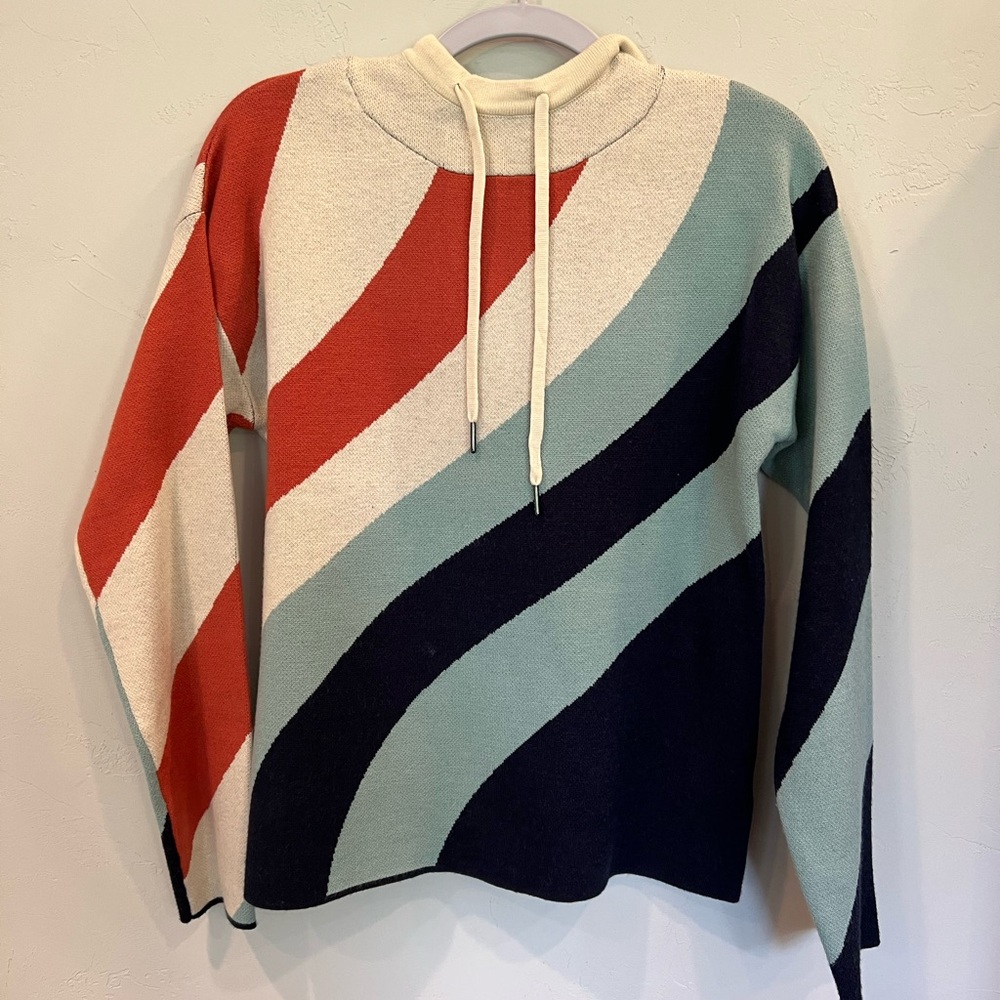 Cynthia Rowley Orange, Blue, & Cream Cowl Neck Sweater with Hoodie (Small)